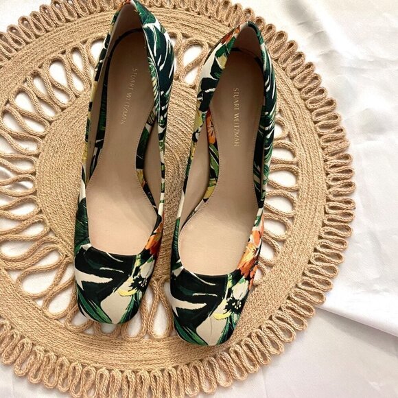 Stuart Weitzman Tropical Botanical Square Toe Green Multicolor Kitten Heels 7.5 - Picture 2 of 11